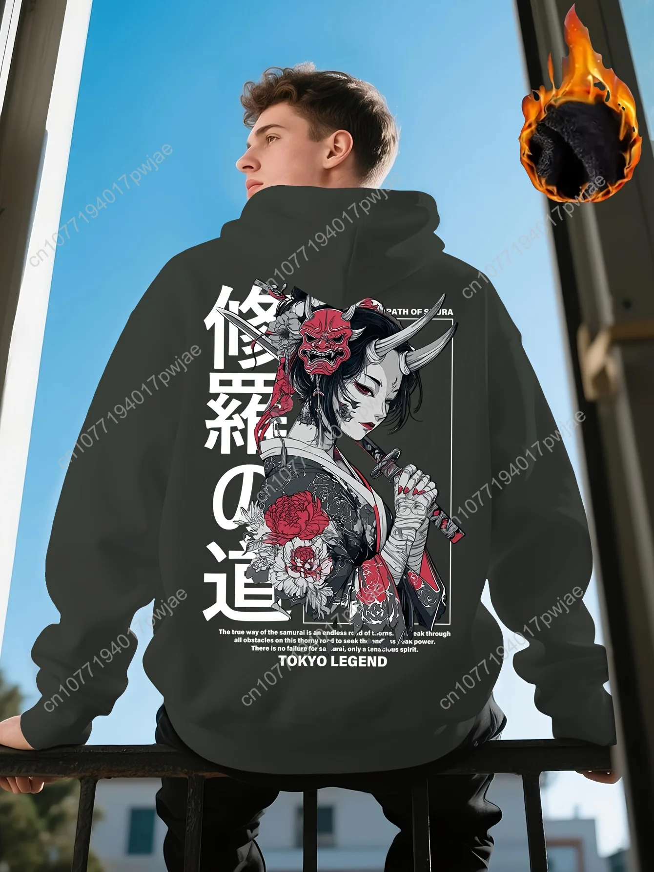 Sweat-shirt à capuche avec motif de guerrier samouraï pour hommes, style streetwear Y2K avec fleurs de cerisier et imprimé Katana, ample