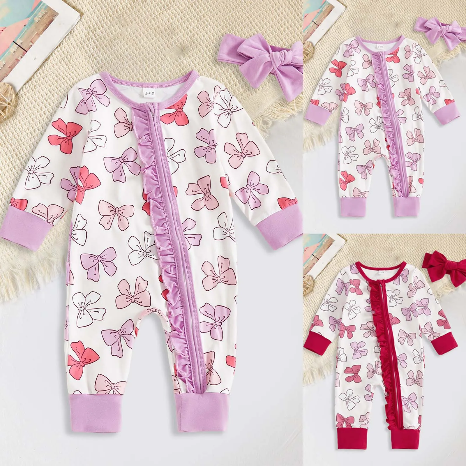 

Baby Girl Bodysuit Crew Neck Comfortable Breathable Sweet Bowknot Print Ruffled Zipper Jumpsuit With Headband ropa de bebé