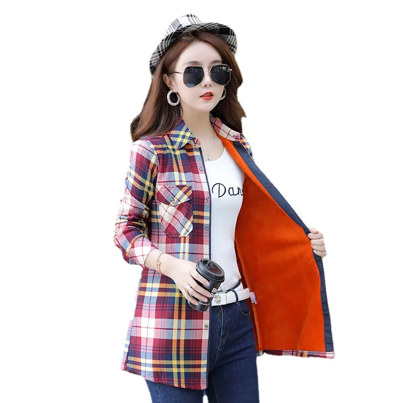 

New Velvet Long Blouses Thick Warm Women's Plaid Shirt Female Long Sleeve Tops Fleece Winter Checkered Blouse Blusas Femininas