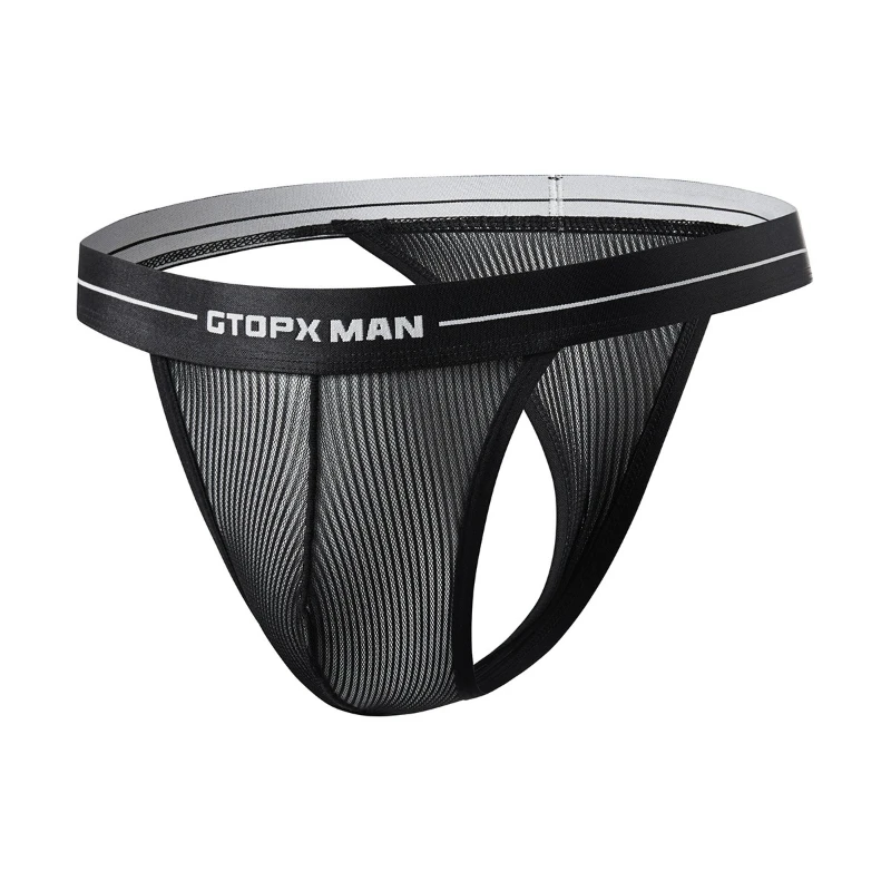 Men's Sexy Underwear Mesh Striped Panties Low-Rise Ice Silk Thongs G Strings Summer String Bikini U Convex Pouch Underpants