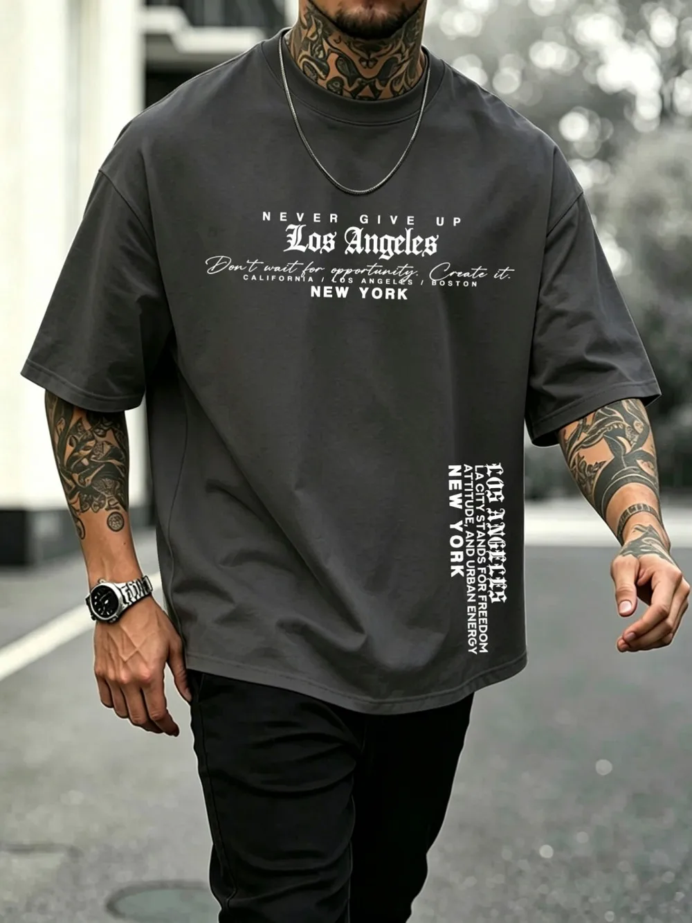 New American Men's Retro Summer Gothic Los Angeles Letter Printed Micro Elastic Breathable Round Neck T-shirt Outdoor Street Top
