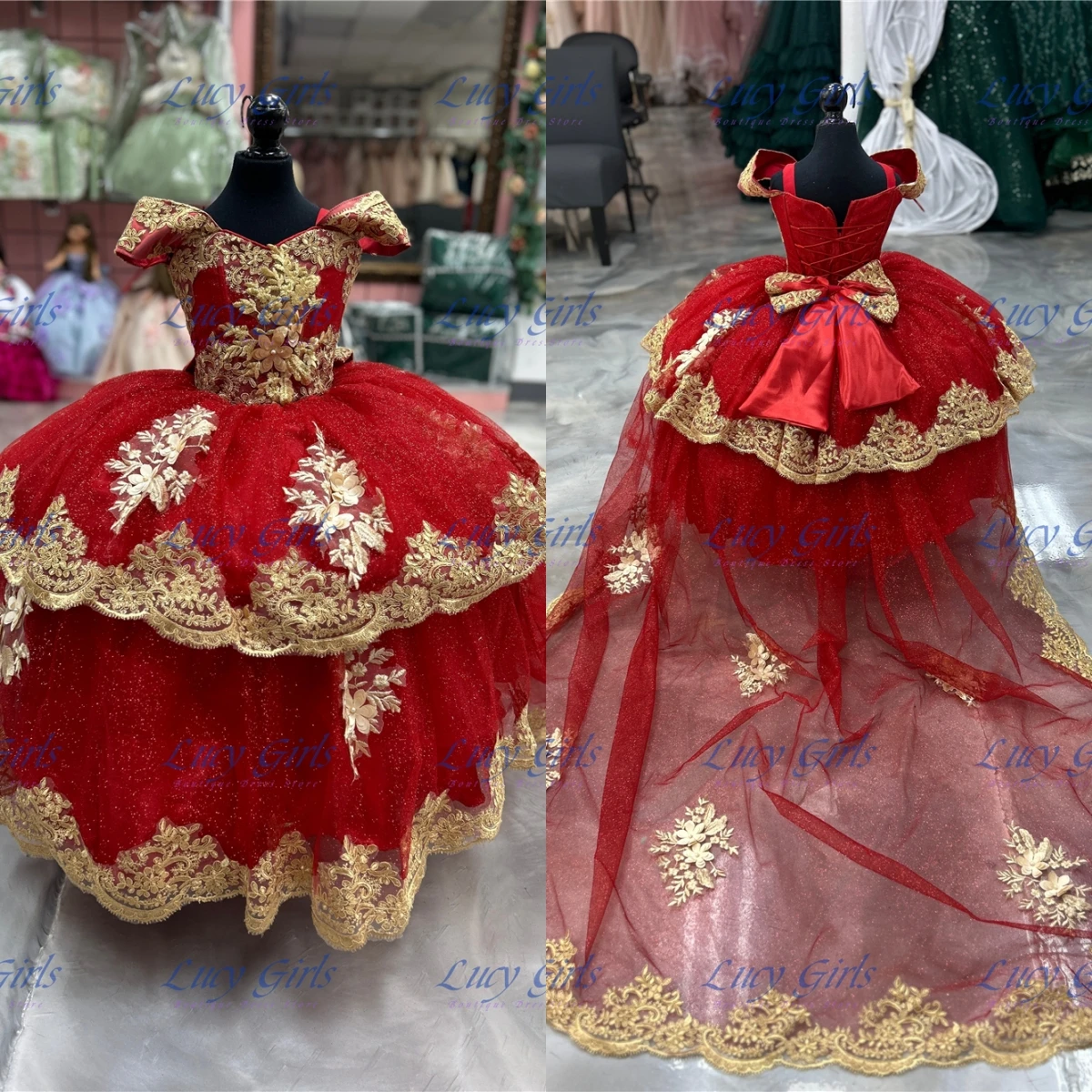 Luxurious Quality Red Flower Girls Dress Tulle Fluffy With Gold Applique Long Tail For Kid Birthday Party Evening Ball Gowns