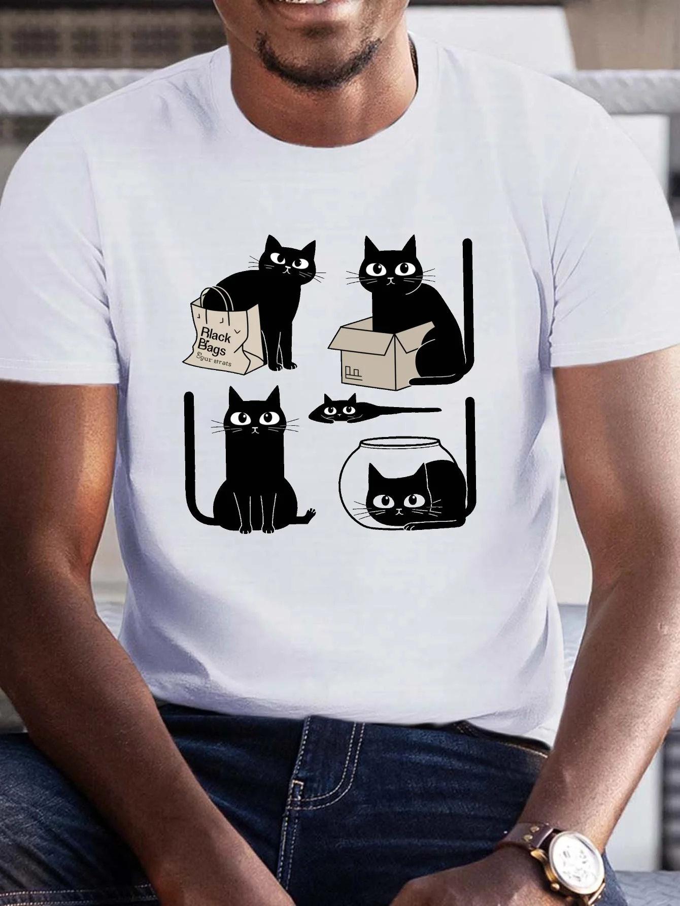 Men's Summer Casual T-Shirt with Humorous Black Cat Graphic Print, Polyester Crew Neck Tee with Slight Stretch, Regular Fit Knit Fabric Top for Adult, Trendy Casual Wear