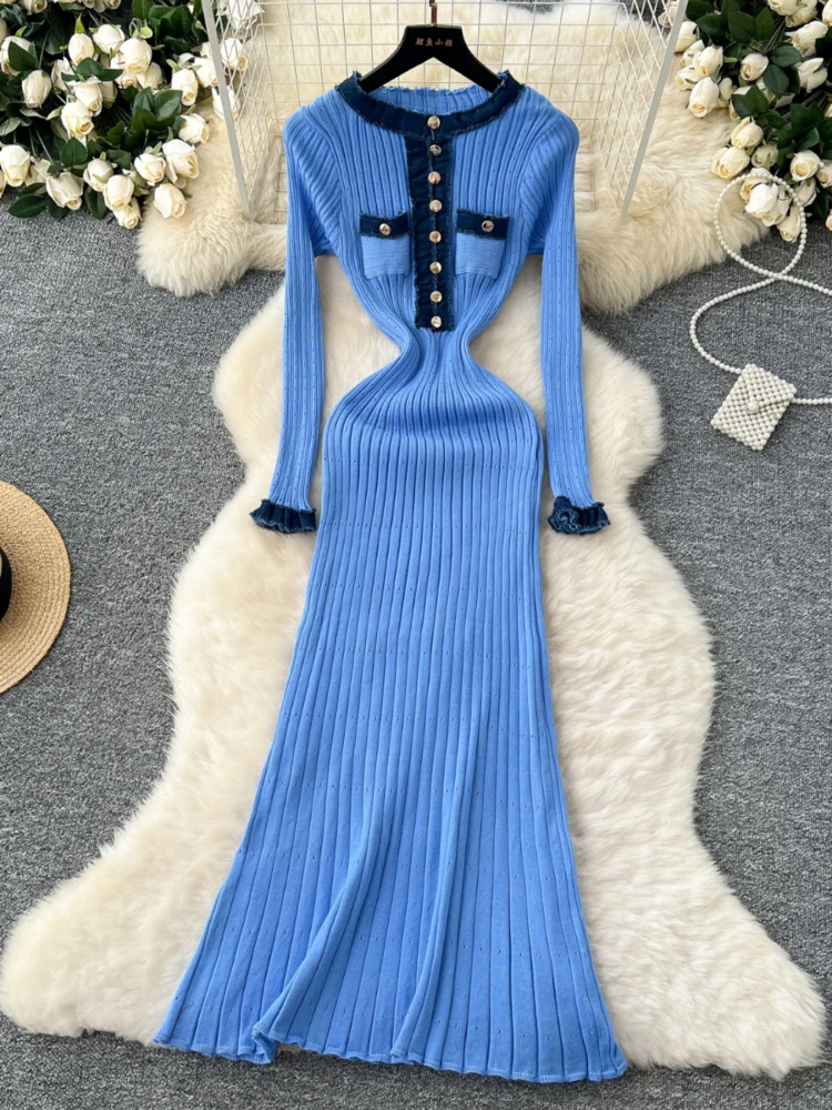 Knitting Dresses for Women's 2024 Vestidos De Mujer Single Breasted Tunic Patchwork Robe Femme Fashion Sexy Bodycon Pocket Dress