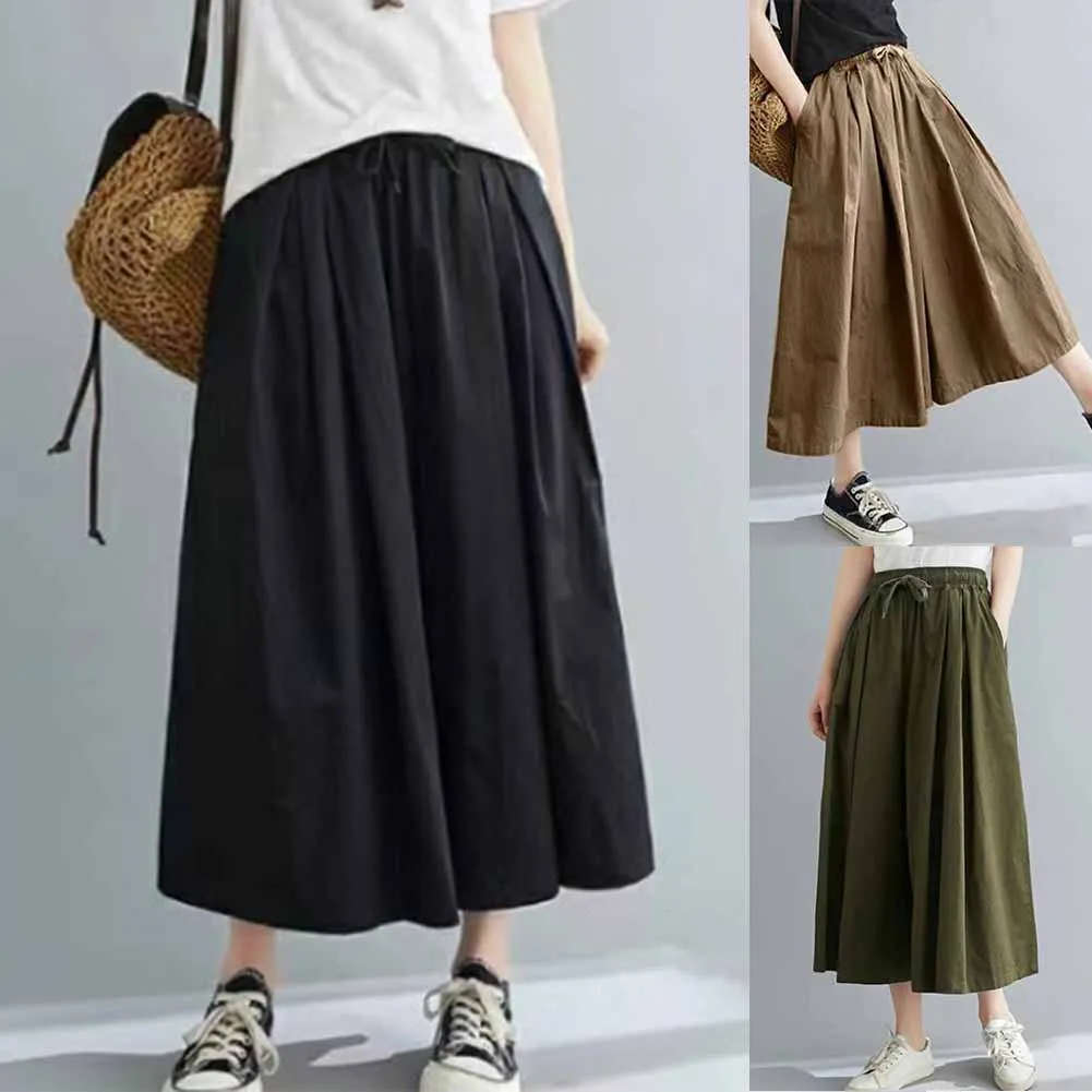 Womens Casual Pants Fashion Wide-Leg Pants High Waist Culottes Women Oversized Wild Loose Casual Cropped Trousers Pants Skirts