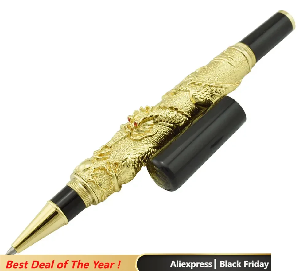 Jinhao Metal Vintage Rollerball Pen with Ink Refill, Oriental Dragon Series Heavy Pen Golden Noble Collection Gift Pen