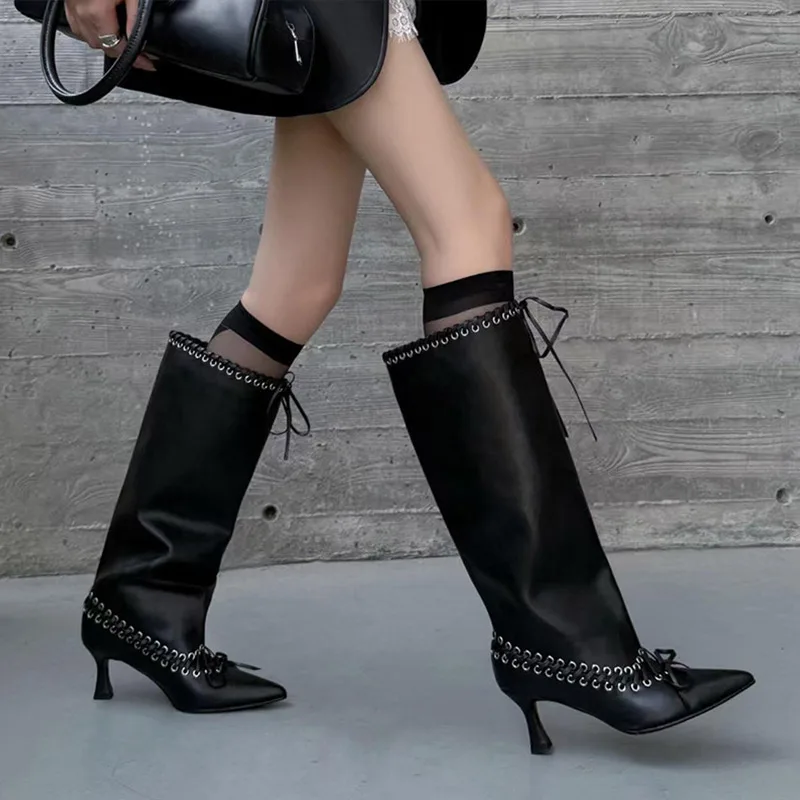 

Fashion Brand Design Women Boots Europe American Fashion Boot New Pointed Toe Stiletto High Heel Rivet Strap Wide-leg Ankle Boot