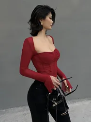 WOMENGAGA Black Square Neck Mesh Bottom T-shirt For Women's Winter New Sexy Spicy Girl Slim Sexy Tees 2024 Sweet Fashion DP11
