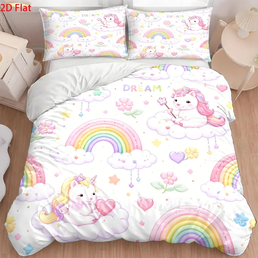 3Pc Cute Unicorn Rainbow Duvet Cover Set, 1 Duvet Cover + 2 Pillowcases, Three-Piece Bedding Set, Suitable for All Seasons, Machine Washable, Invisible Zipper Double Bed Cover, Suitable for Home, Dorm, Master Bedroom, Guest Room, Cartoon Fantasy Rainbow Cloud Print, Large Duvet Cover Bedding Set, Fresh Flower and Heart Pattern Bedding, Hot Selling Ins-Style Bedding Three-Piece Set, Soft and Skin-Friendly Bedroom Bedding Set, Girly Unicorn Bedding, Home Use Bedding