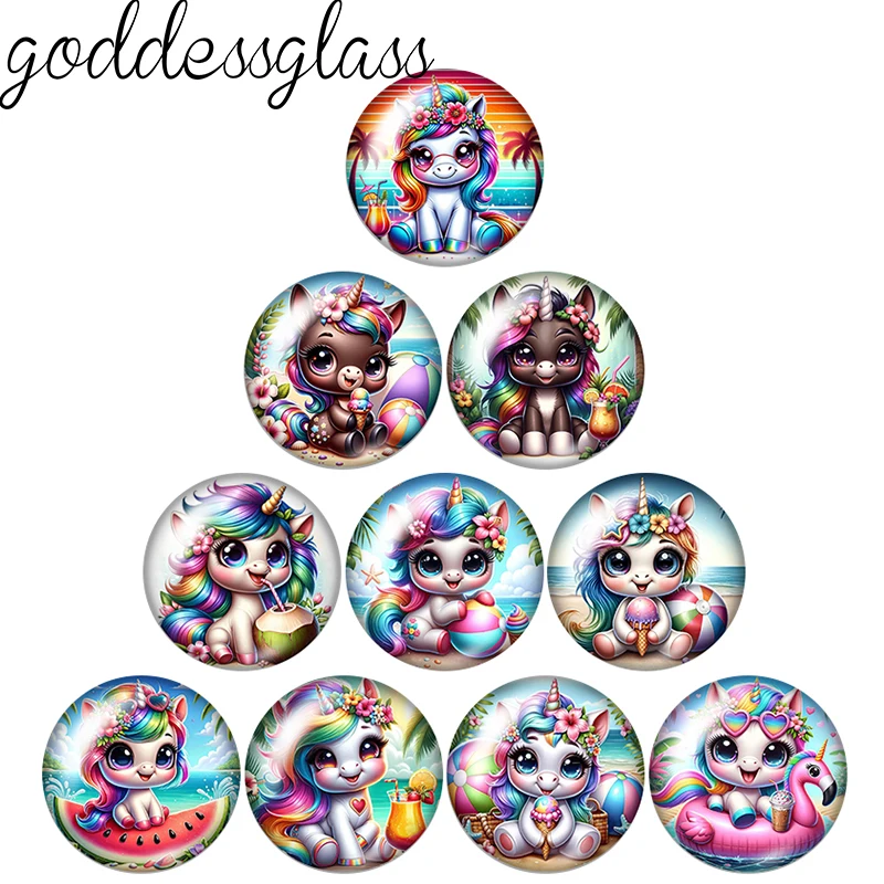 

Summer Vibes Unicorn Beach Holidays Colorful 10pcs 12mm/20mm/25mm Round photo glass cabochon flat back Making findings Jewelry