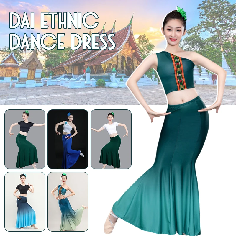 

1 Set Folk Style Dance Dress Dai Ethnic Dance Performance Costumes Practice Skirts Tops Dress Set Art Examination Costumes