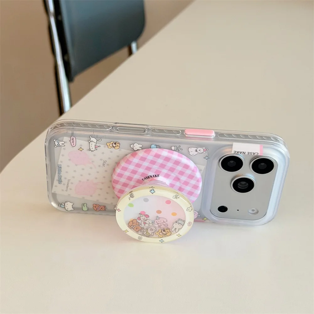 Kawaii Checkered Miffy Rabbit Magnetic Phone Case For iPhone 15 16 17 ProMax Round Stand Shockproof Clear Hard Cover For Women