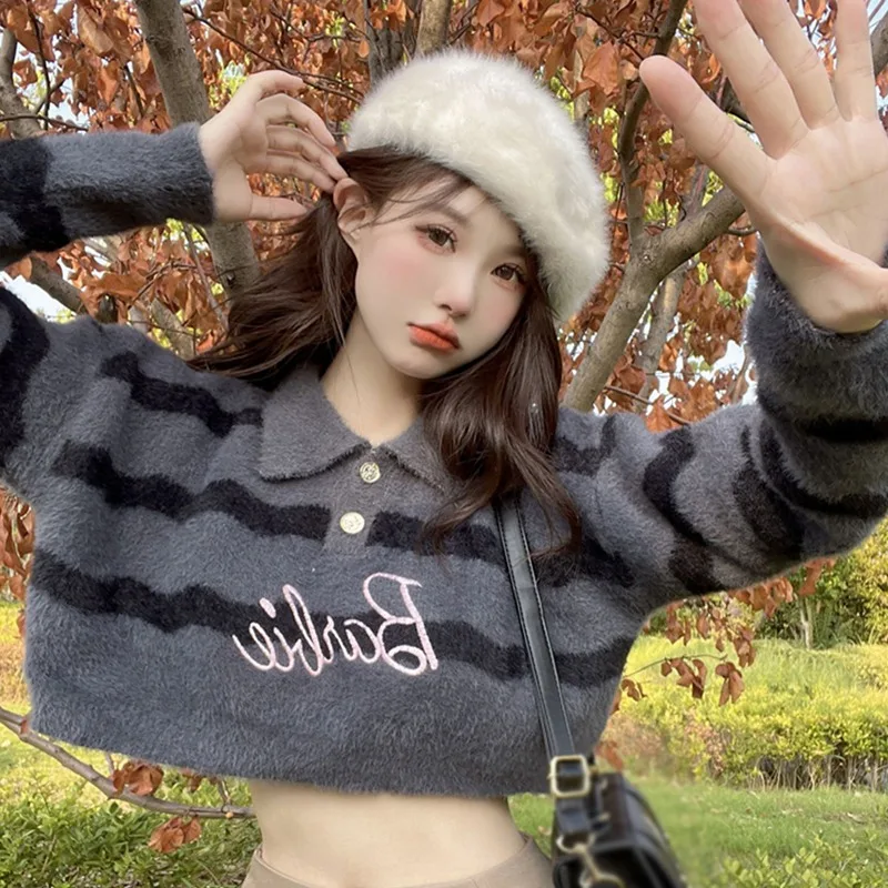 Women Striped Sweater Sweet Long Sleeve Loose Sweater Knit Pullover Jumper Crop Tops