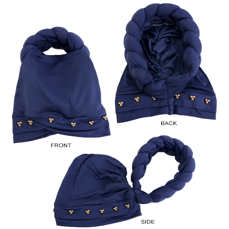 Women Fashion Gold Drill Three-Dimensional Twist Braid Headscarf Bonnets Muslim Pure Colors Hat Cancer Chemo Caps Wrap Head Hat