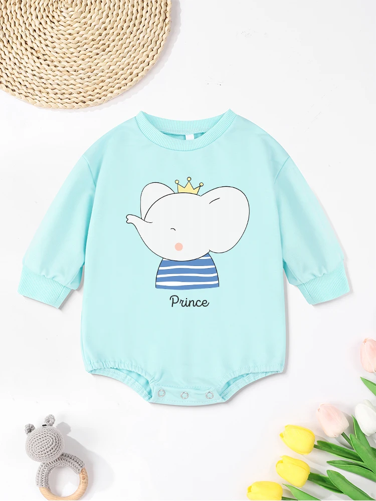 

Baby Boy Prince Onesie Cute Cartoon Elephant Print Popular Newborn Aesthetic Clothes Blue O-neck Comfy Breathable Long Sleeve