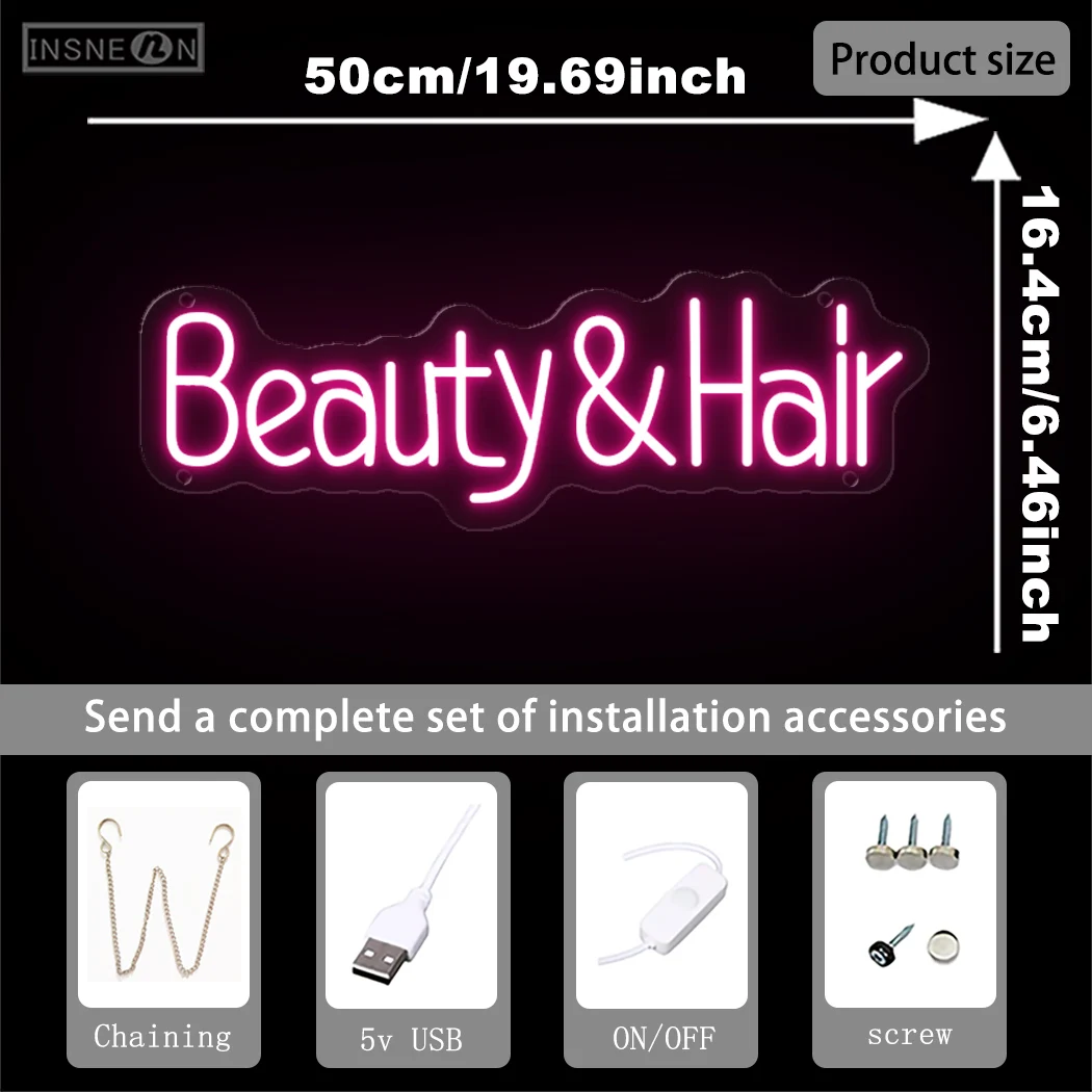 Baeuty&Hair Neon Sign Light For Wall Decor Lamp Pink LED Lights For Party Nail Salon Barber Beauty Shop Room Decoration Neons