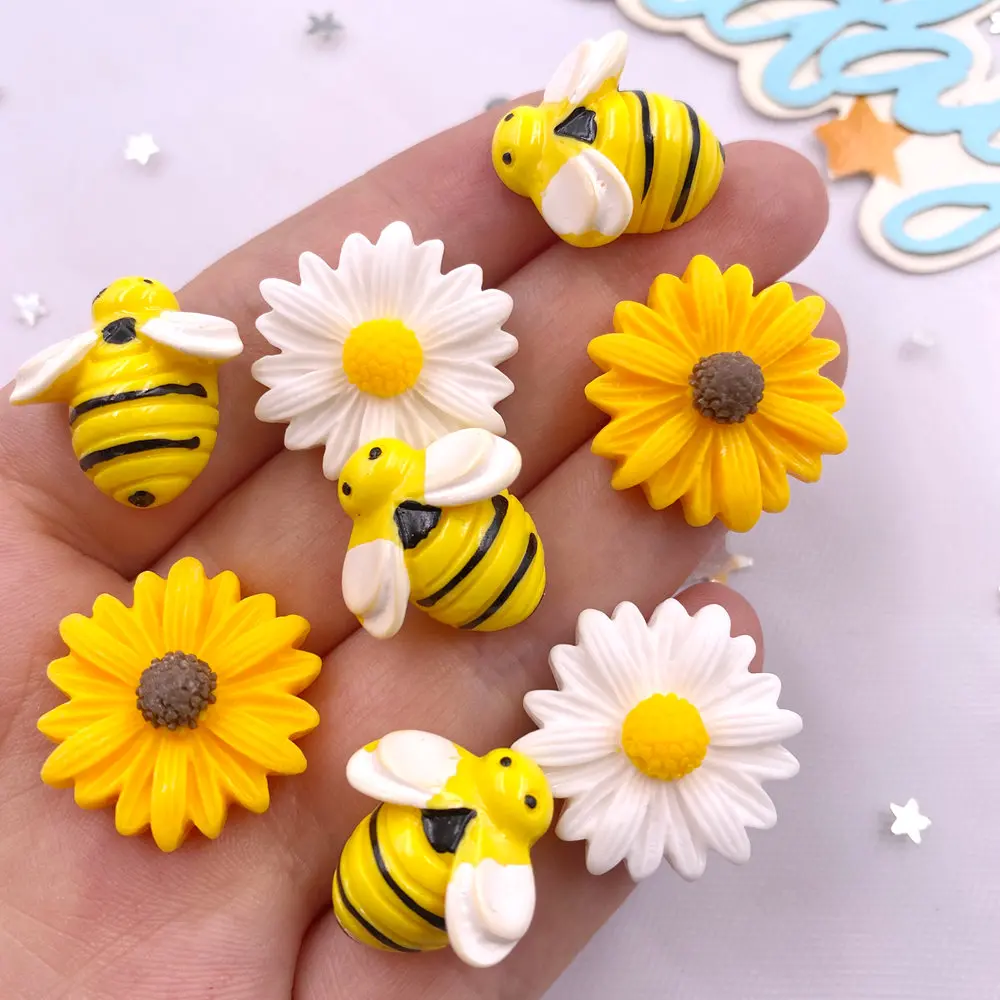 10 STKS Hars Leuke Kleurrijke 3D Cartoon Bee Bloem Beeldjes Plat Strass Tuin Plakboek DIY Boog Decor Ambachten Accessoires