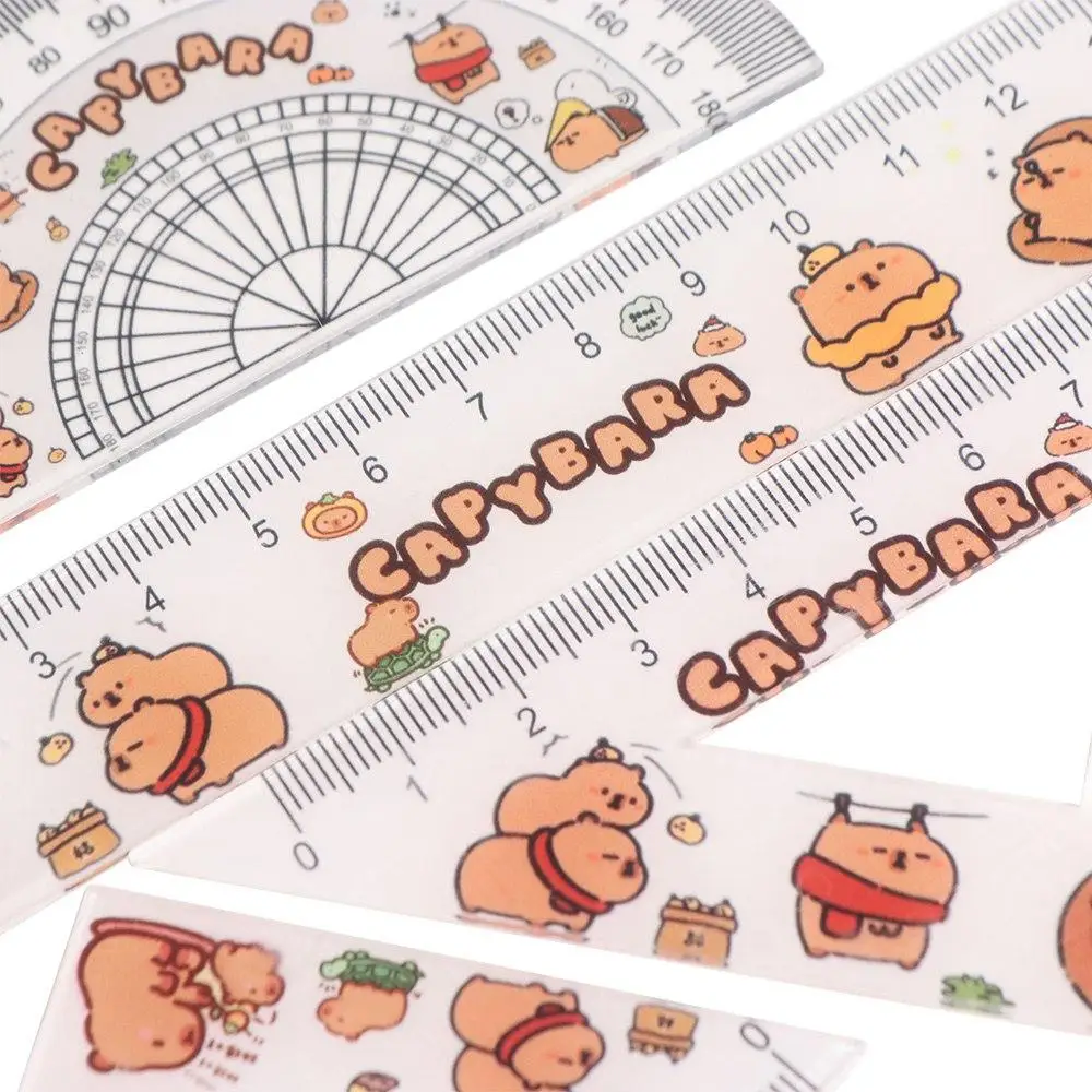 Creative Ruler Four-piece Set Cartoon Stationery Triangle Protractor Set Cute Acrylic Capybara Pattern Ruler Set Office Supplies