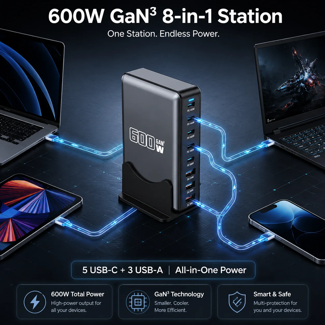 600W GaN Multi Port USB-C Charging Station 140W PD PPS Single Port Fast Charger For MacBook iPhone 17 Pixel Laptop Android