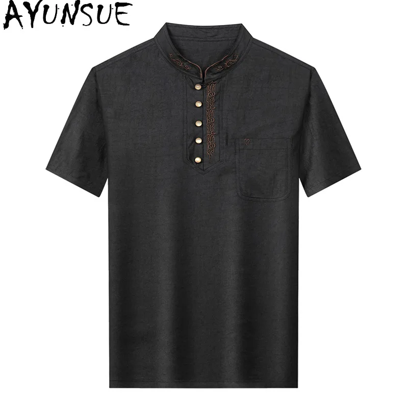 AYUNSUE 100% Real Mulberry Silk T Shirt for Men Summer Tops Clothes Stand-up Collar T Shirts Man High-end Tee Shirt Streetwear