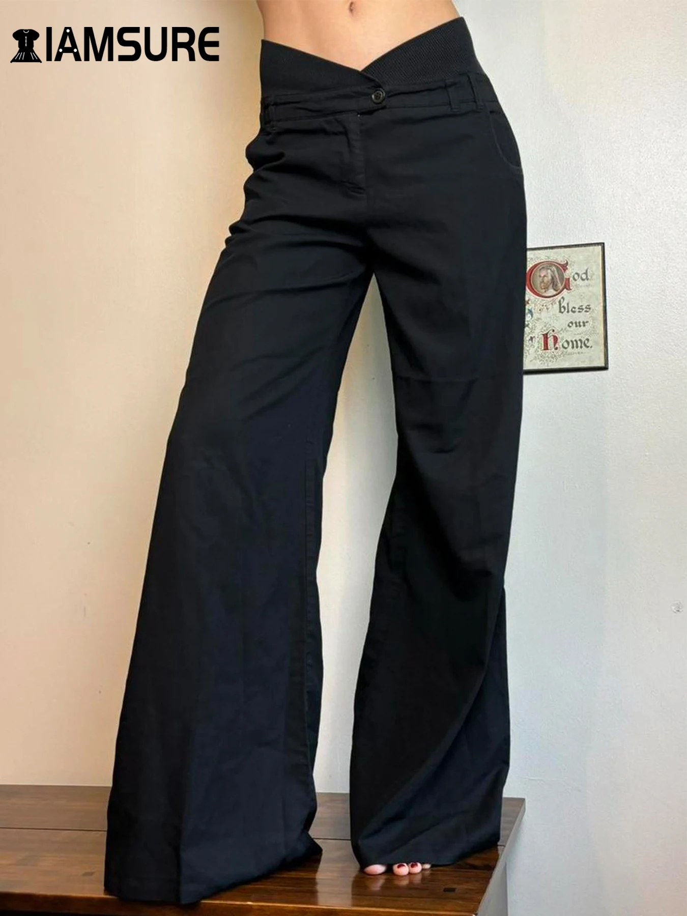 

IAMSURE Loose Basic Solid Wide Leg Pants Casual Low-Waisted Straight Pants Women 2024 Autumn Spring Fashion Streetwear Ladies