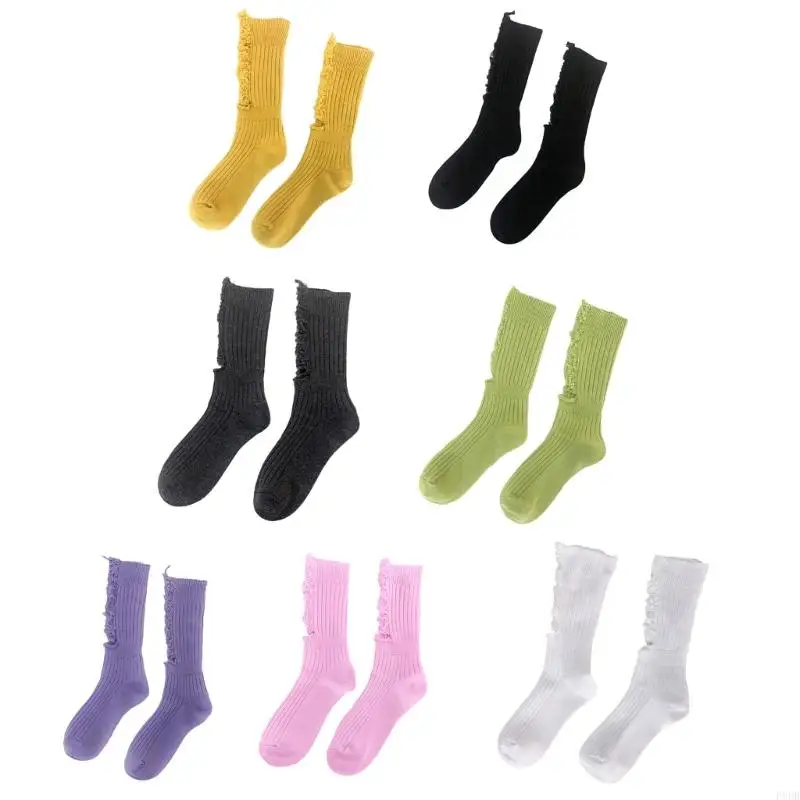 

P8DB Women Harajuku Solid Color Ribbed Knitted Street Beggar Ripped Hole Socks