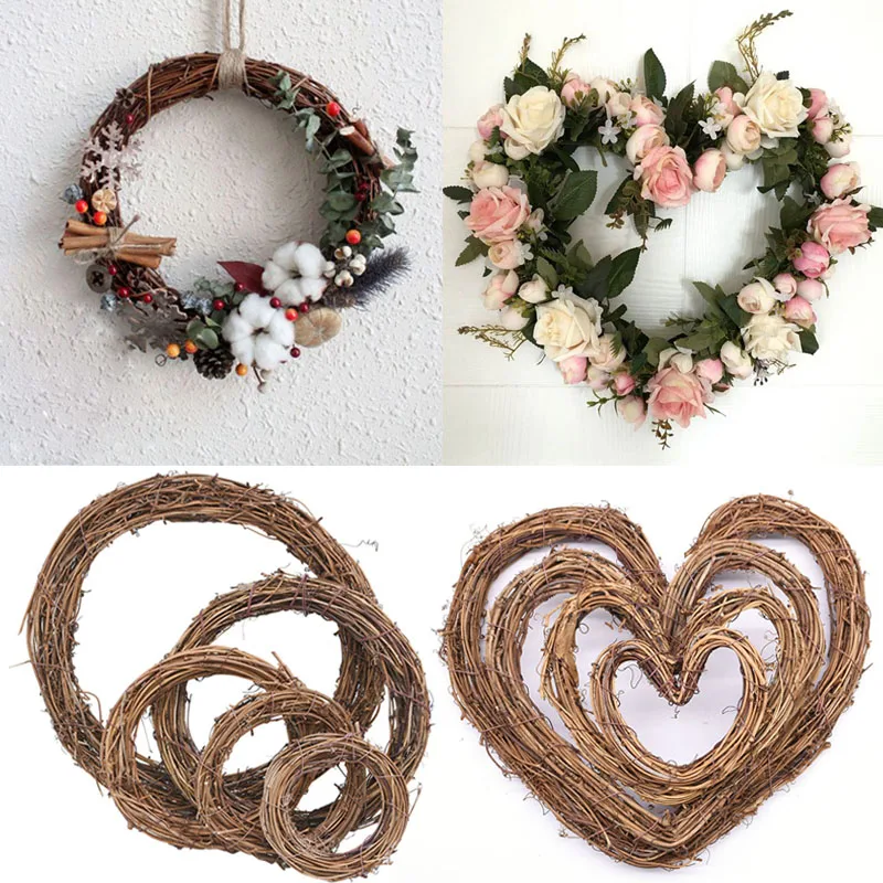 8-30cm Round Love Heart Natural Rattan Wreath Stem Branch Ring Garland For Wedding Birthday Party Decor Supplies Christmas Gift