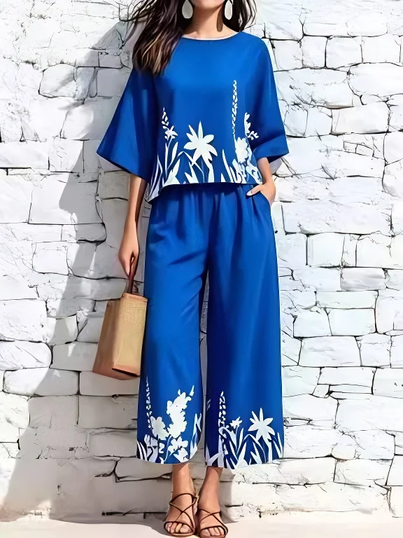 Damen Zweiteiler mit Blumenmuster, 3/4-Ärmel-Oberteil, Weite Hose, Lässiges Urlaubs-Outfit – Detail 2
