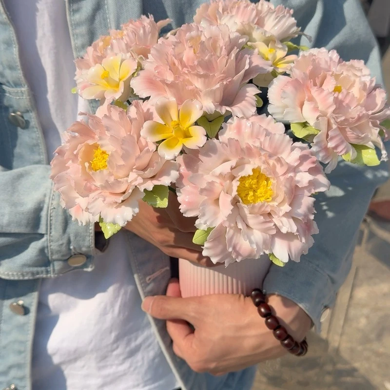 Ceramic Peony Bouquet Handmade Flowers Intangible Cultural Heritage Gifts Niche Gifts, National Style Gifts