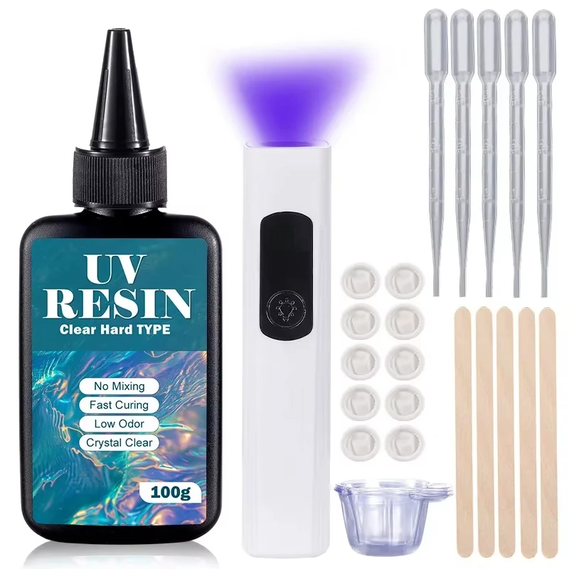 UV-Harz-Set mit Licht, verbesserter harter Typ, kristallklares, ultraviolettes, aushärtendes UV-Harz für Bastelarbeiten, DIY-Schmuckherstellung, Formen, Gießen