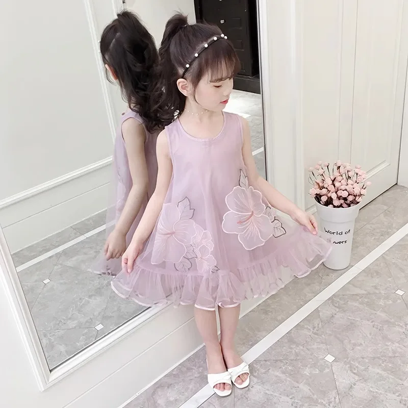 2026 Summer Kids girls chiffon Floral Tulle chemise sundress Floral Dresses layered Princess Children braces teens 4 5 8 10 Year