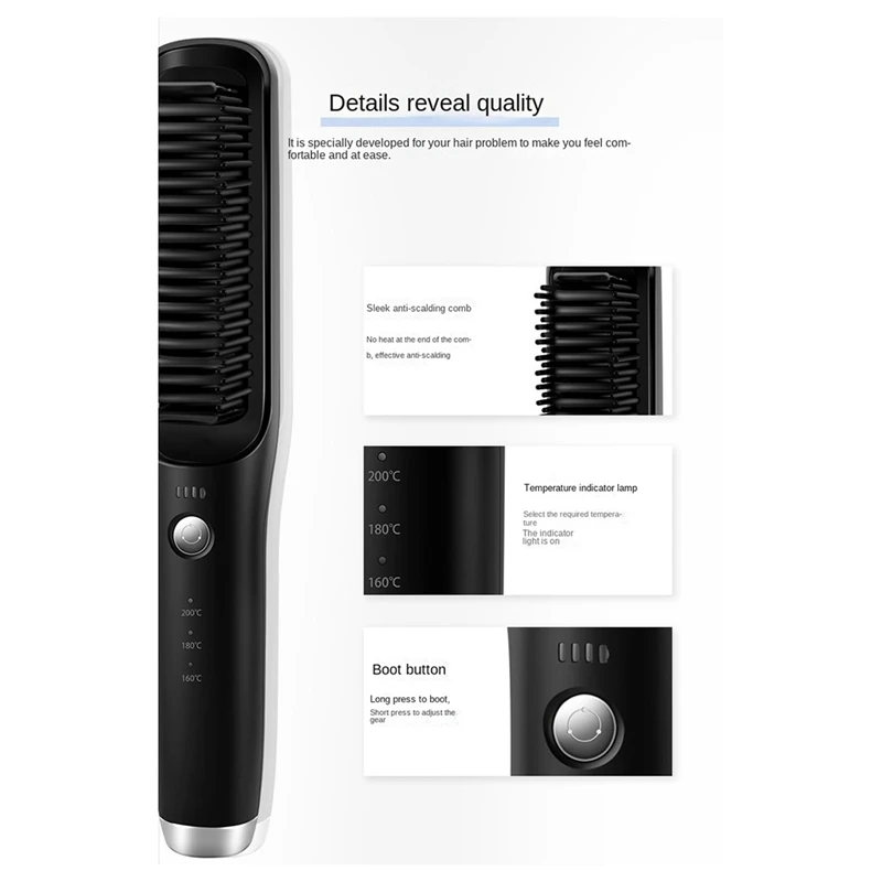 Cordless Hair Straightening Brush Electric Hair Smoothing Brush Beard Straightener For Rechargeable Heated Comb