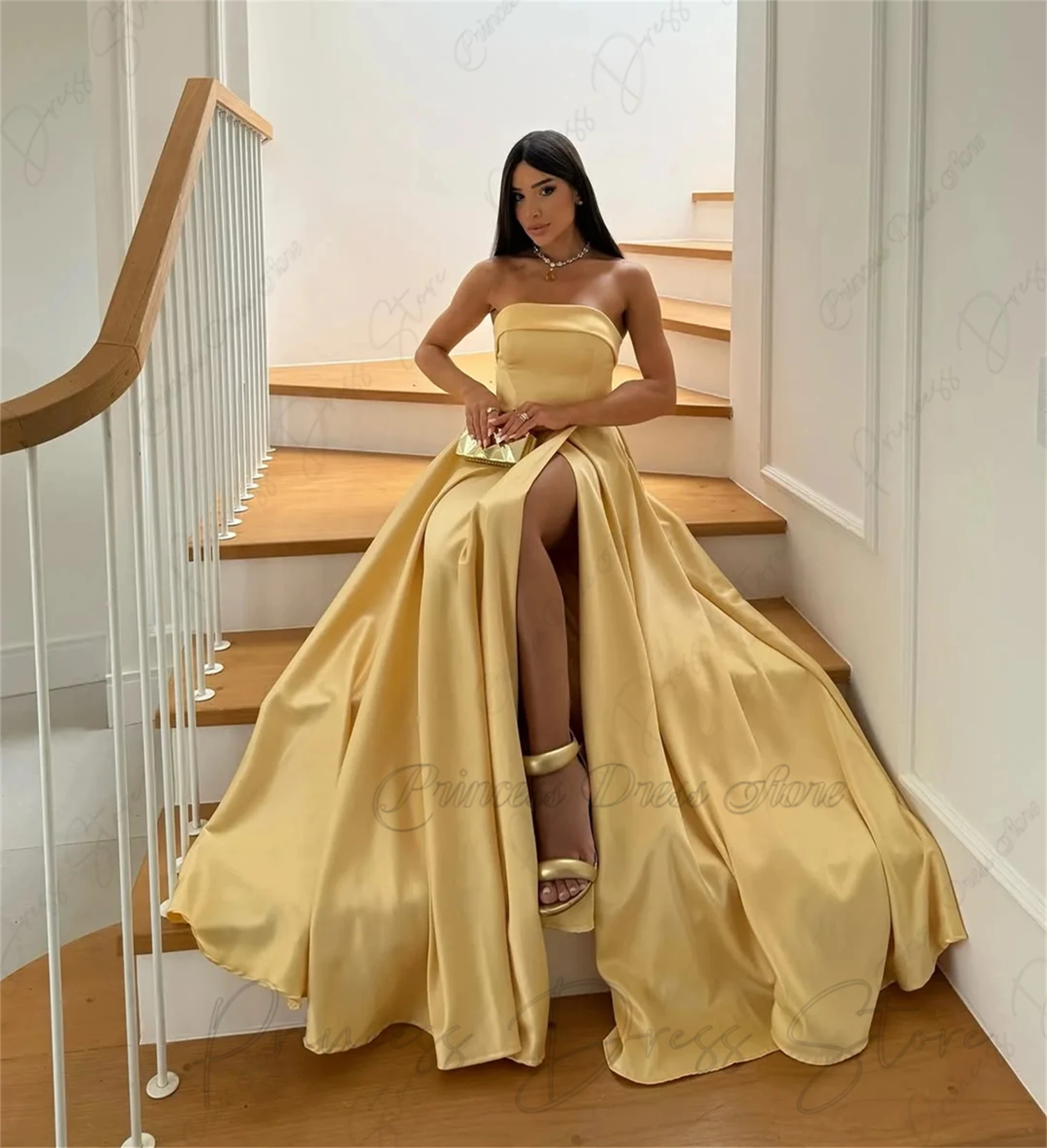 Customized Strapless Pearl Rhinestone Prom Dress vestidos de noche Satin A Line Formal Evening Gowns For Women Containing gloves
