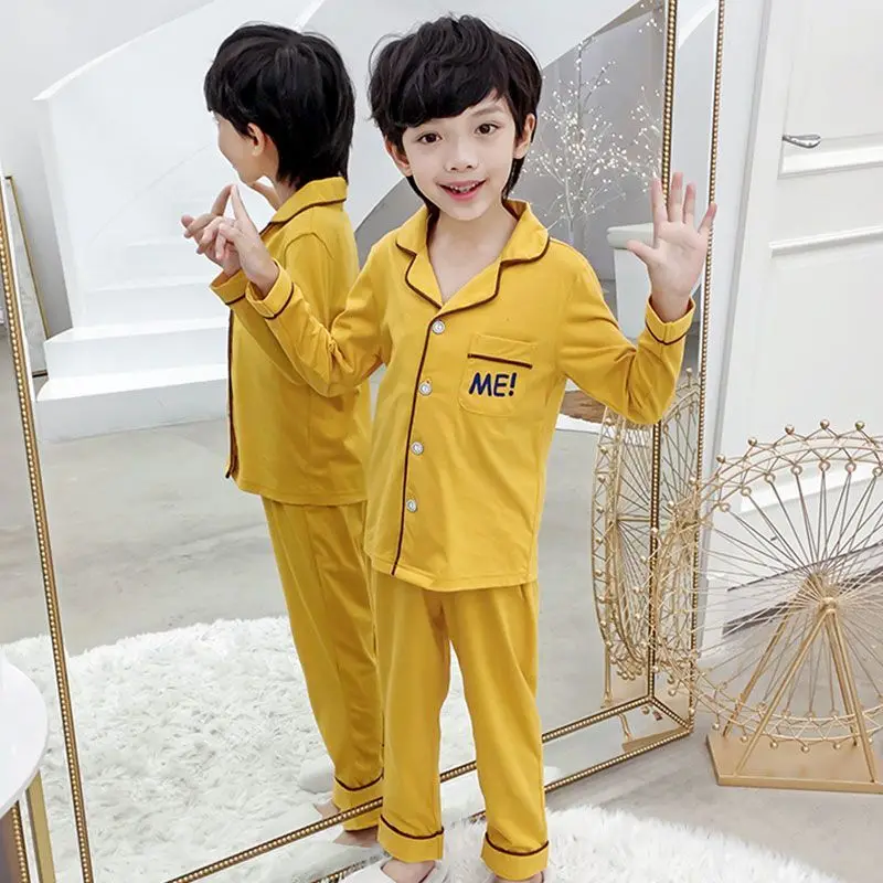 New Spring Autumn Boys' Collared Long Sleeve Pajamas Loose Fit Kids' Homewear Set Big Kids Cooling Air Conditioned Wear