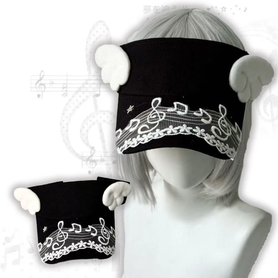 Girl's Sweet Style Gothic Lolita Women Subculture Lace Musical Notes Hat Y2K Girl Harajuku Angel Wing Hollow Hat Visor Cap