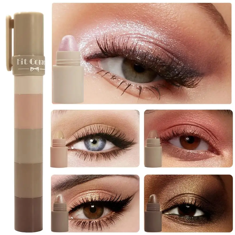 Sombra de olhos multiuso à prova de manchas, à prova d'água, iluminador sedoso, pérola, glitter, caneta brilhante de longa duração 5 em 1