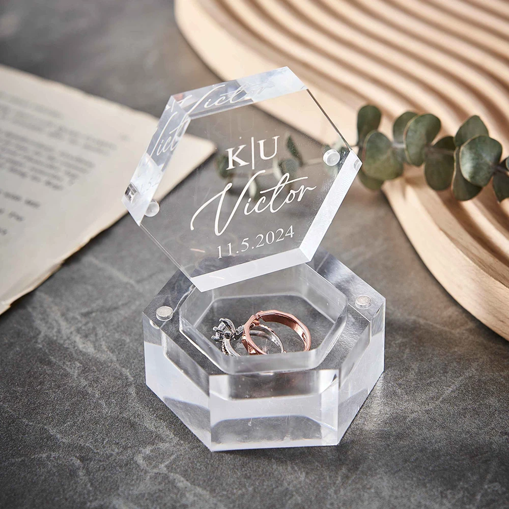 

Custom Acrylic Clear Hexagon Ring Box Personalized Engagement Wedding Ring Box Storage Wedding Decoration Bridal Gift