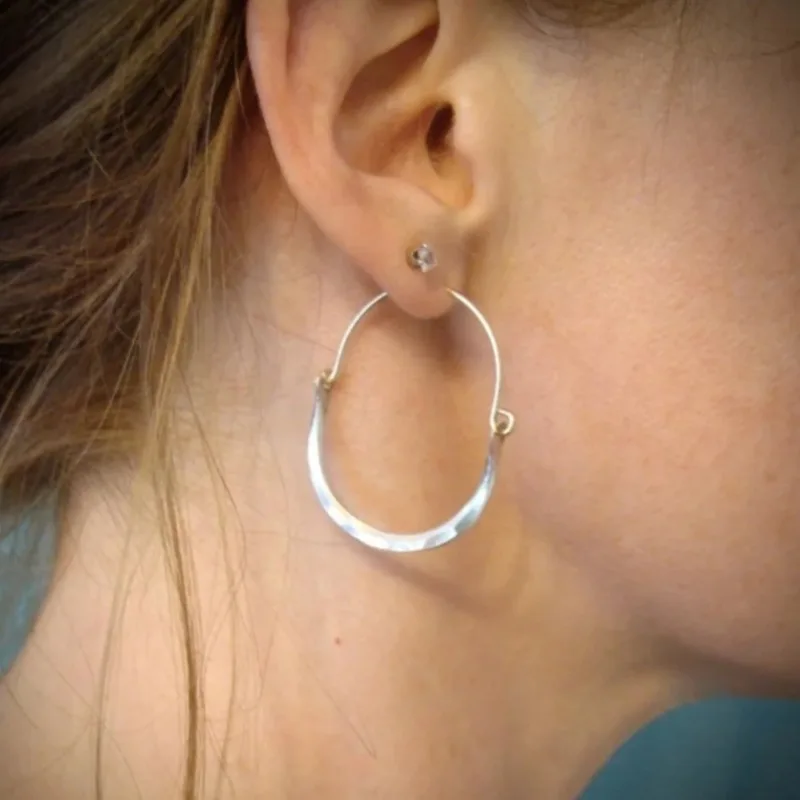 Large Minimalist Copper Hoops, Hammered Silvery Earrings, Two Tone Hoops, Siren Jewels, Gifts for Her
