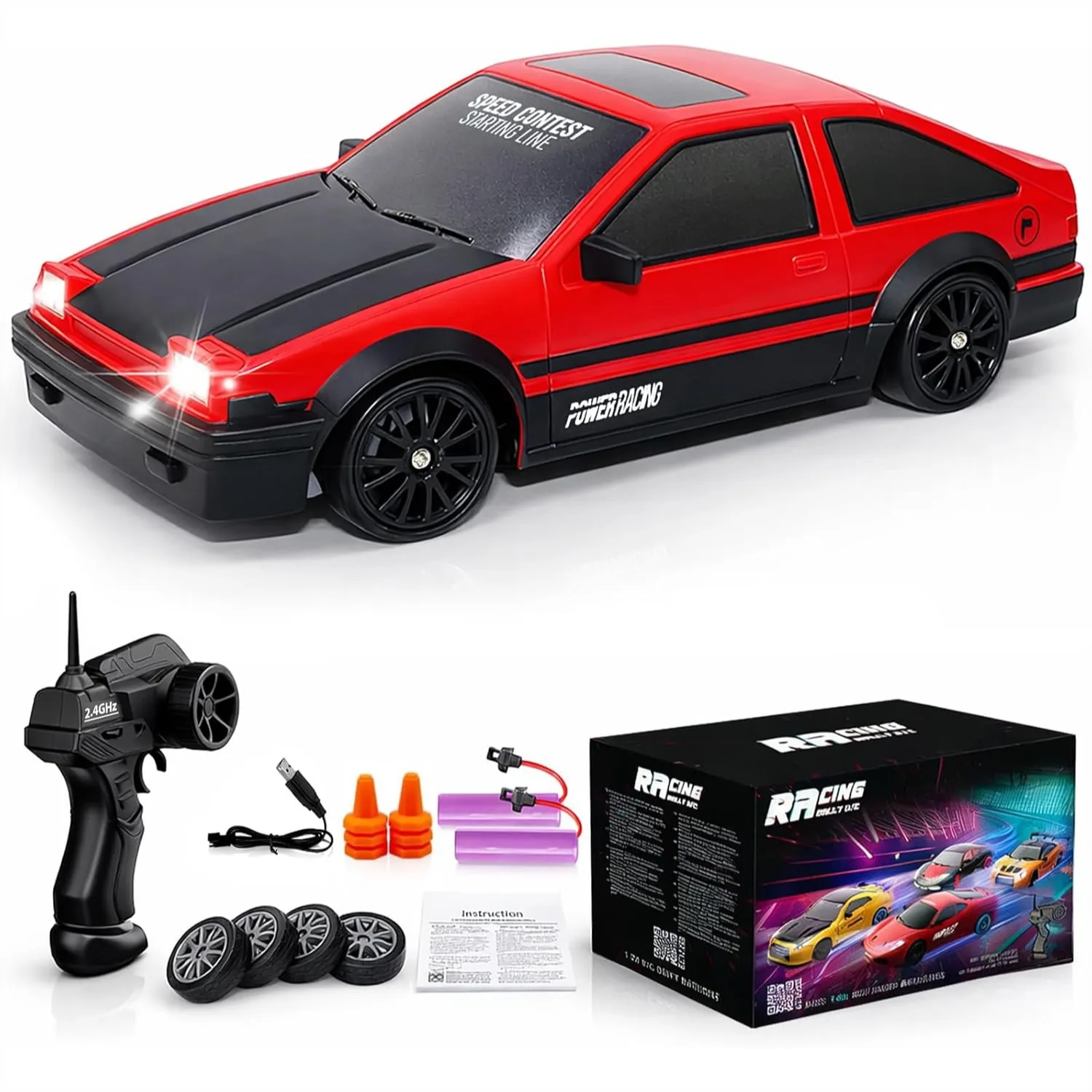 

RC Drift Car 2.4GHz 1:24 Scale 4WD High Speed with LED Lights and Rechargeable Batteries for Adults and Kids