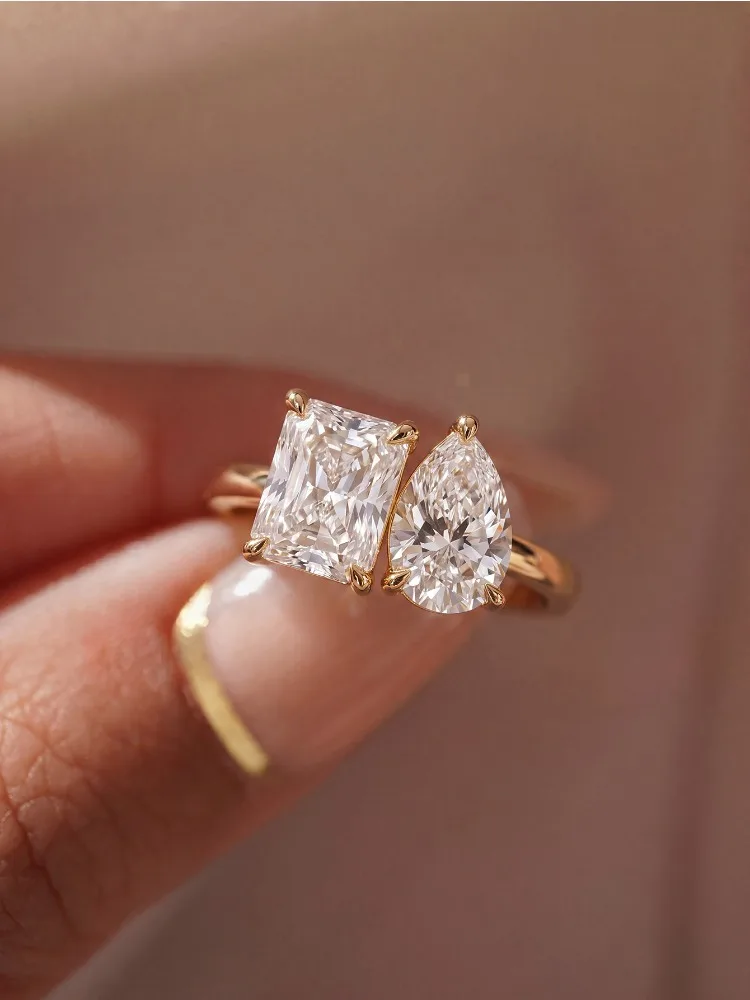 925 Sterling Silber Einfacher Goldener Wassertropfen Quadratischer Zirkon-Ring für Damen Hochzeit Verlobung Luxuriöser Hochwertiger Edler Schmuck – Detail 2