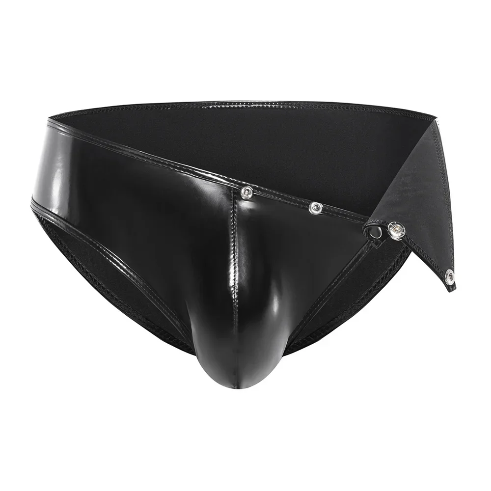 Mens Sexy Underwear with Press Button Big Penis Pouch Erotic Faux Leather Briefs Open Crotch Pouch Male Panties Gay Underpants
