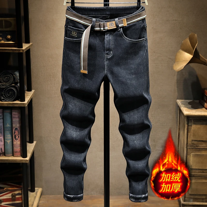 

High-end winter thin velvet men's straight jeans pants Slim small straight foot casual wash pants large size men's pants