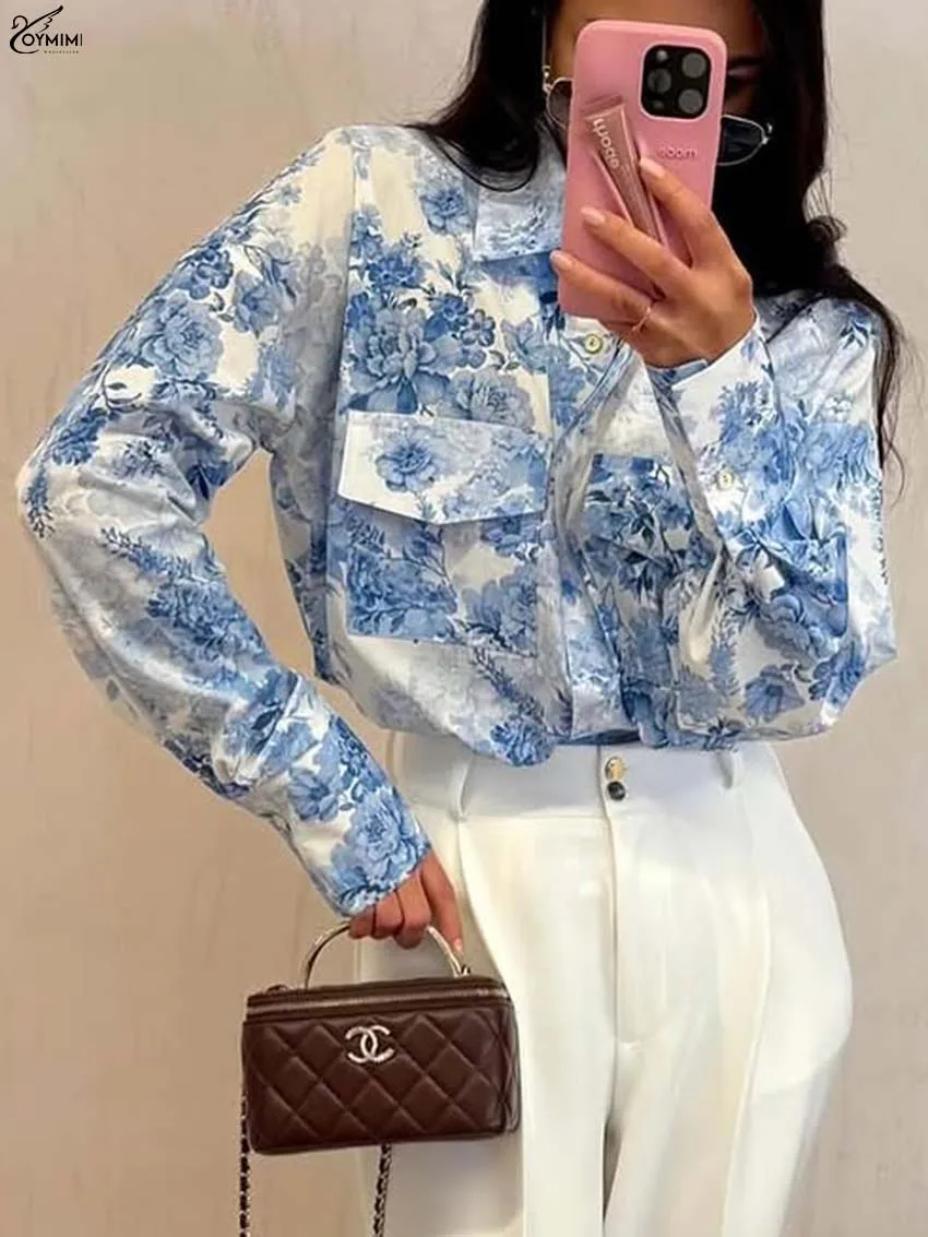 

Oymimi Casual Blue Print Women's Shirt Fashion Turn-Down Collar Long Sleeve Blouses Elegant New Single Breasted Pockets Shirts