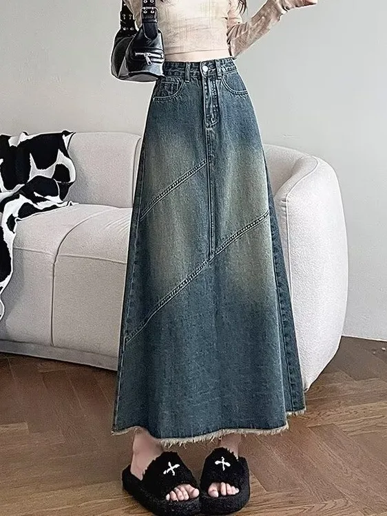 

Ретро джинсовая юбка с высокой талией для женщин, весна-осень, приталенная, средней длины, А-силуэт, с разрезом, скрывающая недостатки фигуры