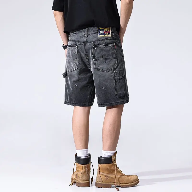 

JXN2035 Summer new splash ink work shorts men loose big yards cotton straight five trousers American casual