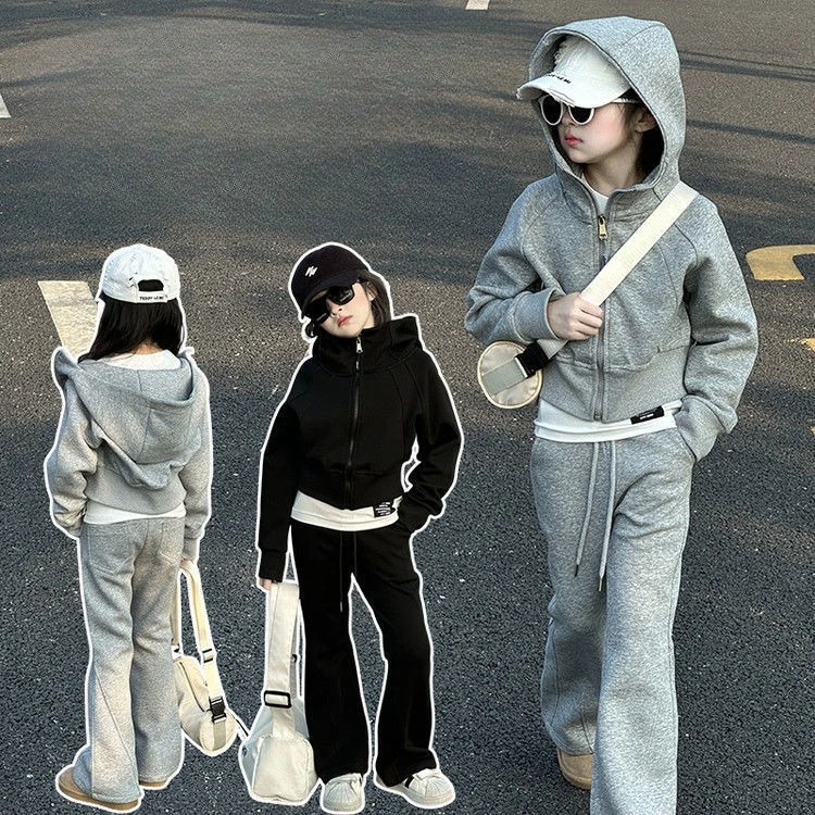 

Children's Sets Girls Spring Autumn Set Hooded Sweatshirt & Flare Pants 3-Piece Fashion Sporty Outfit for Toddlers