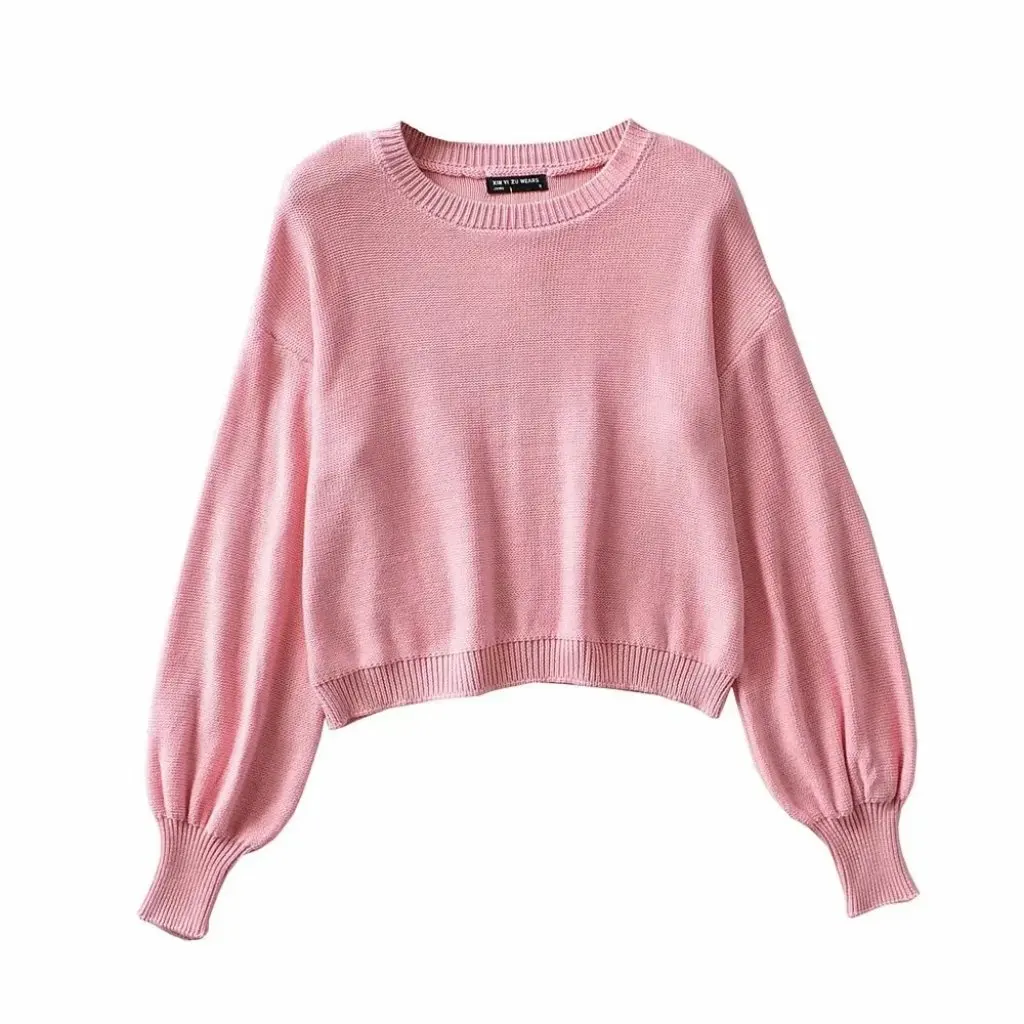 

Women's Retro Puff Sleeve Sweater round Neck High Waist Short All-match Solid Color Spring Autumn European American Style