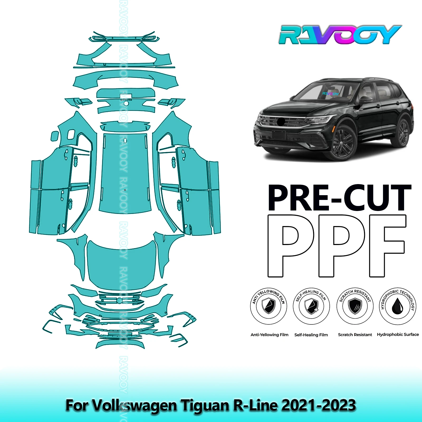 

Полный автомобильный прозрачный бюстгальтер, предварительно вырезанная защитная пленка PPF для Volkswagen Tiguan R-Line 2021-2023