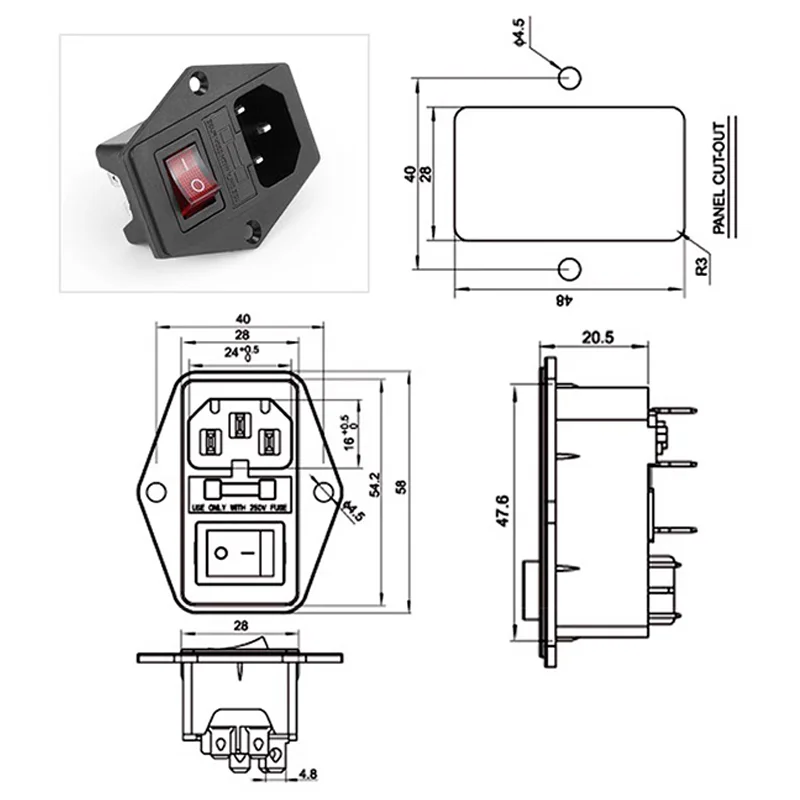 5/20/100PCS 10A250V Inlet Module Plug Fuse Switch Male Power Socket 4Pin + 3Pin lEC320 C14 Connector Plug and Fuse DlY Parts