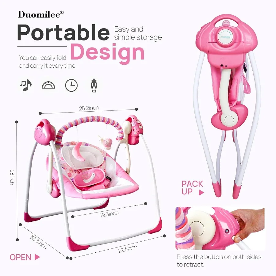 Electric Baby Swing for Infants 0-9 Months 6-25 lbs Powered by Power Cord and Batteries Indoor Outdoor Use Easy-Fold Design Sof